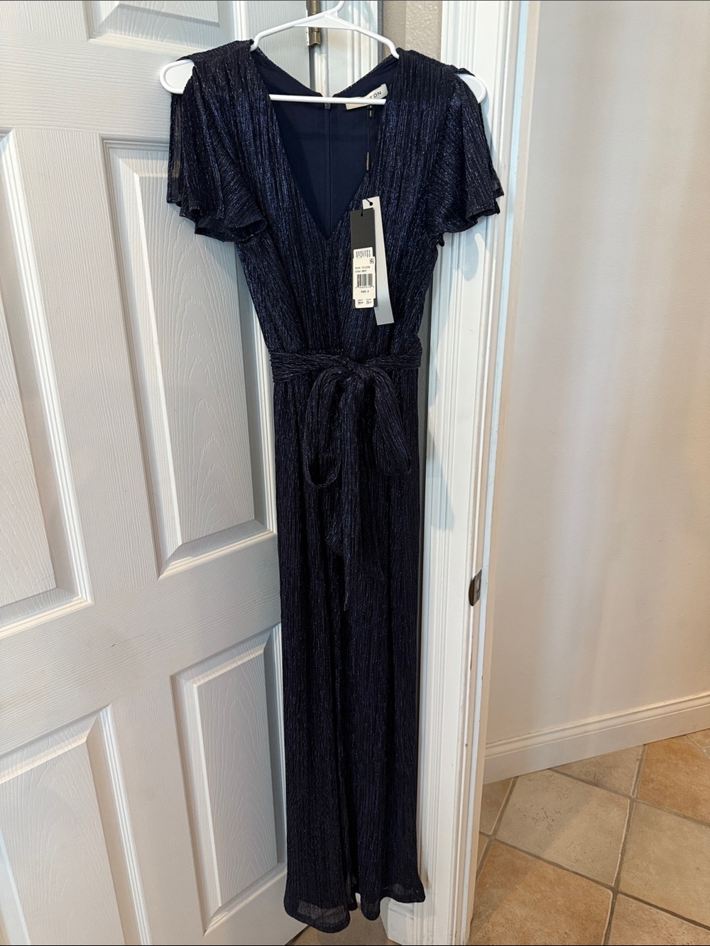 H by Halston Navy Metallic Flutter-Sleeve dress
